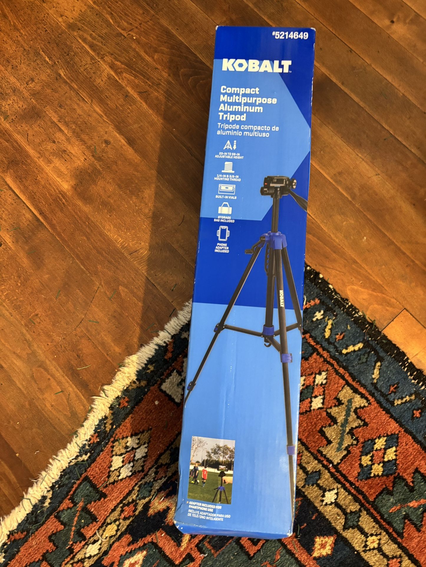 Kobalt Aluminum tripod with adjustable height and carrying case included.