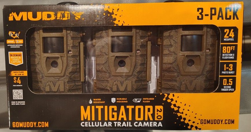 Brand New Go Muddy 3-Pack Mitigator 2.0 Cellular Trail Cameras 