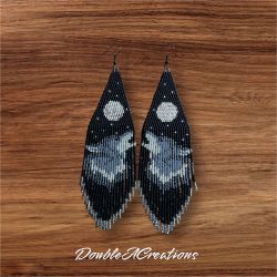Wolf Howling At The Moon Beaded Earrings, New, Handmade By Me