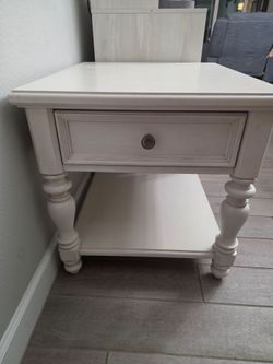 White Wood End Table with Drawer and Shelf set 2