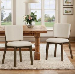 Linen Farmhouse Dining Chairs Set of 2, Dark Brown Wood Leg Comfortable Wide back with thick foam padded and solid wood legs for dining room kitchen o