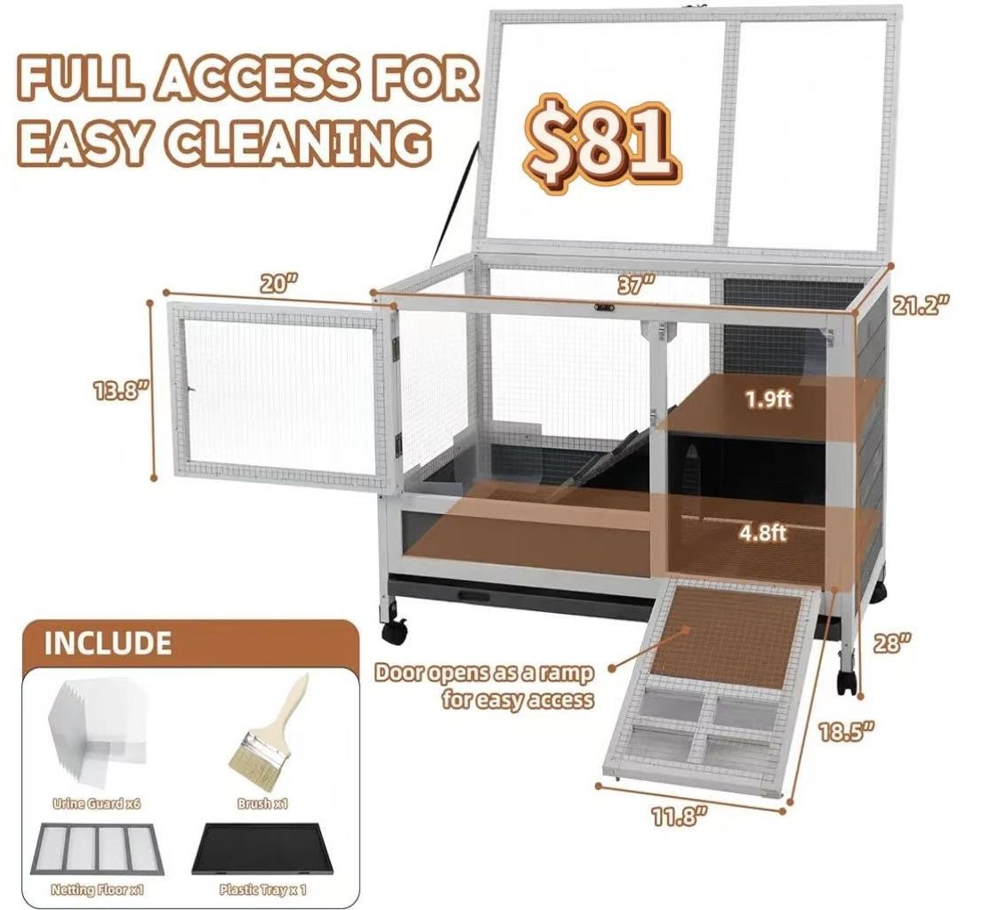 😀 Rabbit Hutch Rabbit Cage Leak Proof with Urine Guards/Netting Floor/Wheels/Tray, Guinea Pig Cages, Bunny House for Small Animal 37" L*21.2" W*28" H