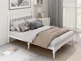 Queen Wood Bed Frame with Headboard, Solid Rubber Wood with Central Supports, 1000Lb Capacity,White