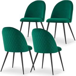 Accent Dining Chair Set of 4 Velvet Comfy Reading Living Room Upholstered Side Chair with Metal Black Powder Coated Legs (Kelly Green)