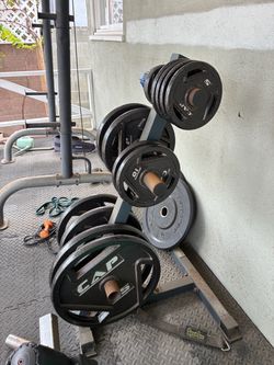 245 lb Olympic Cast Iron Weight Plate Set + Plate Tree