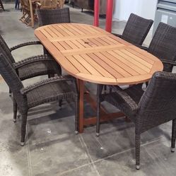 7PC Extendable Outdoor Dining Set – 82” Table + Wicker & Aluminum Stackable Chairs | BRAND NEW | Heavy Duty Commercial Grade | Modern Patio | Delivery