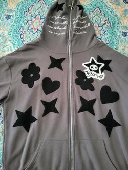 Dark gray,star pattern embroidered full zip up Soft Sweatshirt hoodie, Size Large