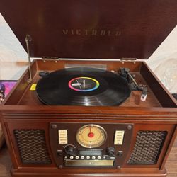 Retro Victrola 8-in-1 Bluetooth Record Player with Turntable, CD, Cassette, Radio & Aux-In