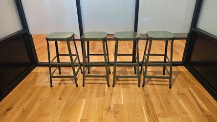 Set of 4 Schoolhouse Electric Utility Stools – Vintage Green Metal – Industrial