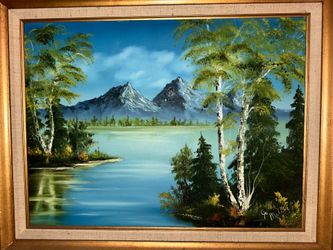 Signed Large Hand-Painted Oil on Canvas Mountain Lake Landscape w/ Solid Wood Frame