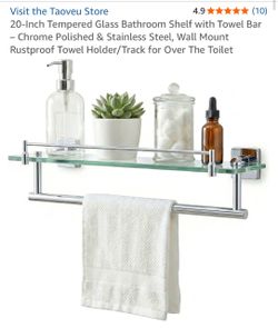 20-Inch Tempered Glass Bathroom Shelf with Towel Bar – Chrome Polished & Stainless Steel