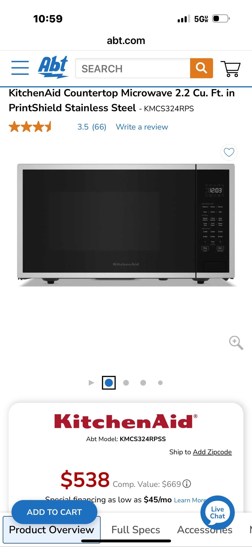 KitchenAid countertop microwave 2.2 cubic feet in print shield stainless steel. #kmcs324rps00