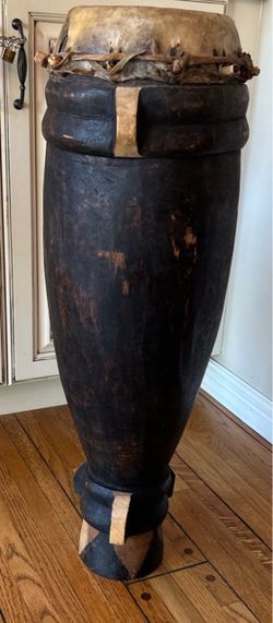 Vintage Hand Carved African Ngoma Drum 32" Hardwood Hide Tribal Ceremonial Folk