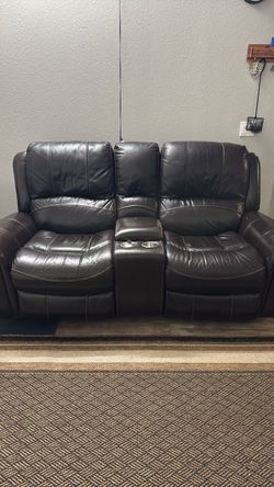 Dark Brown Leather Reclining Loveseat with Console