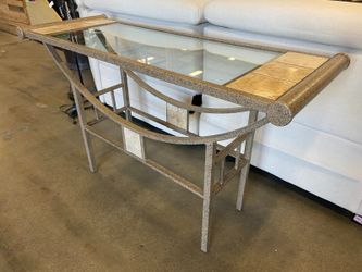 Modern Abstract Metal Console Table with Glass Top and Tiled Panels