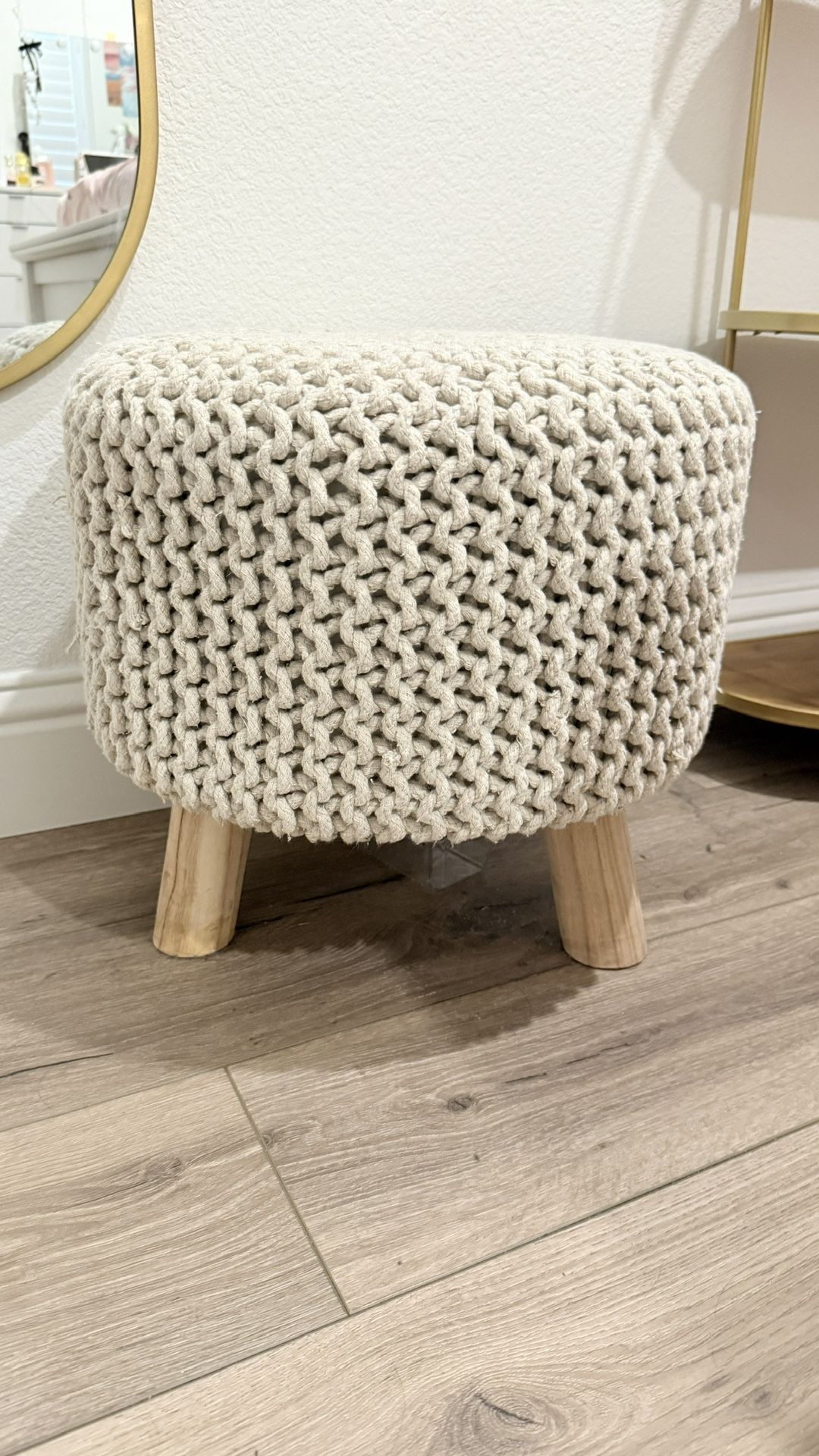 Cream 16 Inch Round Knitted Boho Style Decor Stool Chair