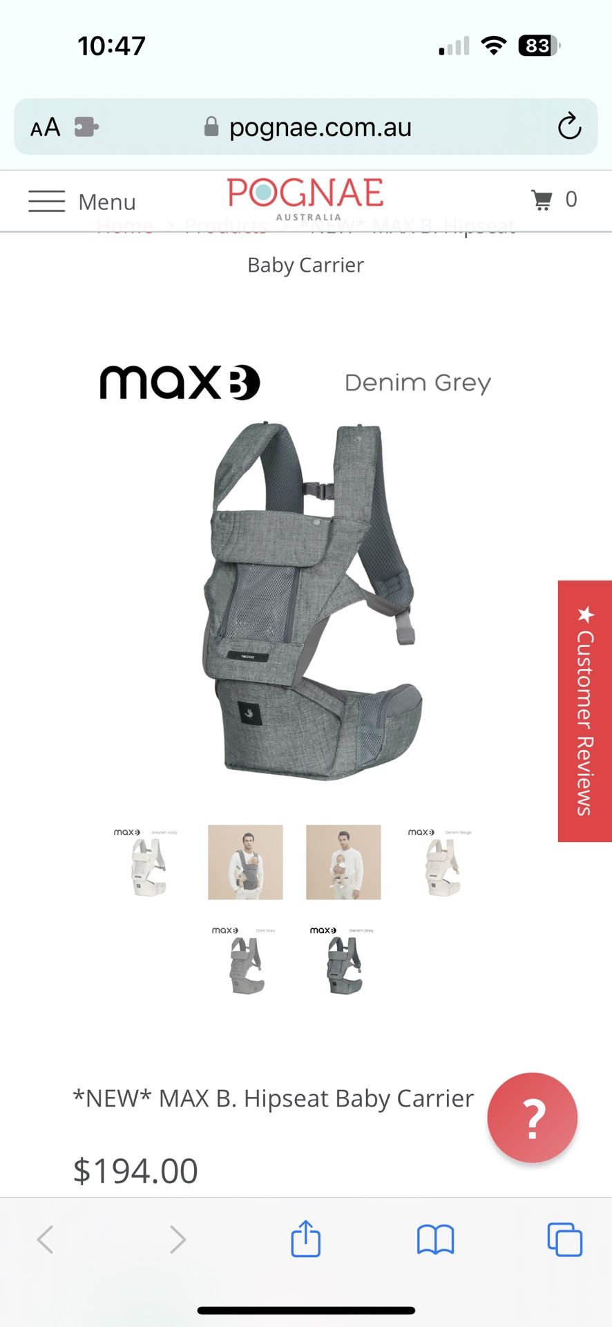 Pognae MAX B Hipseat Baby Carrier (Denim Grey)