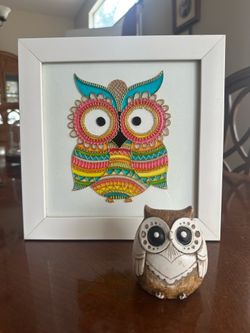 Colorful Framed Stained Glass Owl Painting Features Bright ,Glossy Hues _ Charming,Big eyes Resin Owl
