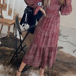 Red Polka Dot Tiered Midi Dress with Bell Sleeves and Ruffle Accents