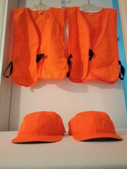 2 Hunter Orange Safety Vests and 2 Hunter Orange Safety Caps 