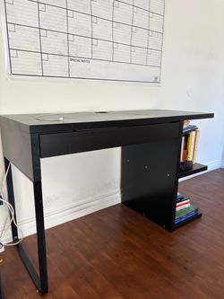 Black Computer Desk with Drawer & Built-In Bookshelves