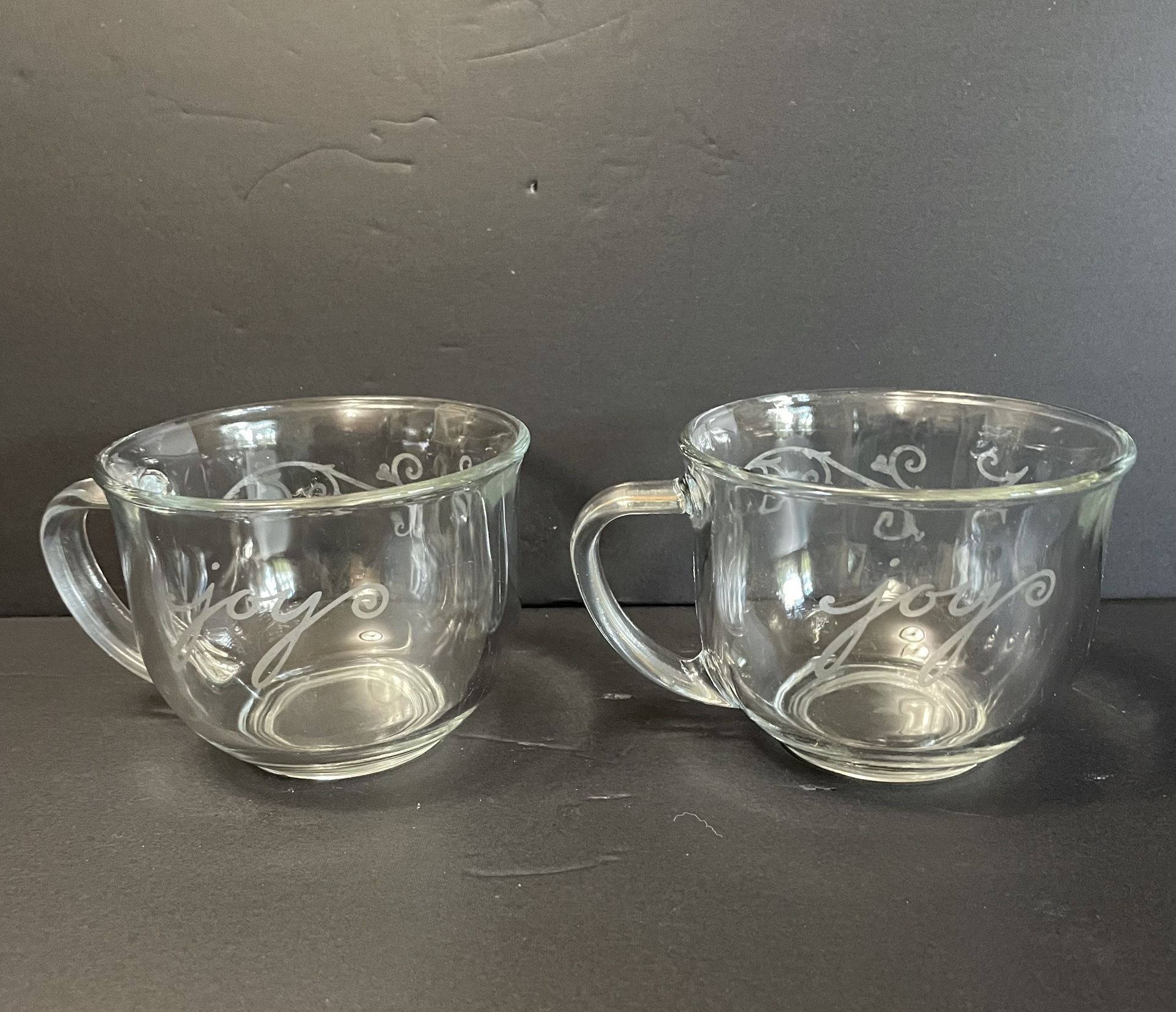 (2) Vintage Starbucks 12 Oz. Coffee Mugs Etched With “Joy” And Decorative Swirls