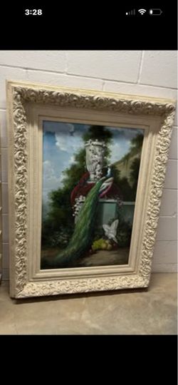 Large Framed Oil Painting with Ornate White Frame