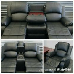 Brand New Black Leather 3pc Reclining Set With Storage Compartments A Drop Down Table & Built In Cup Holders 