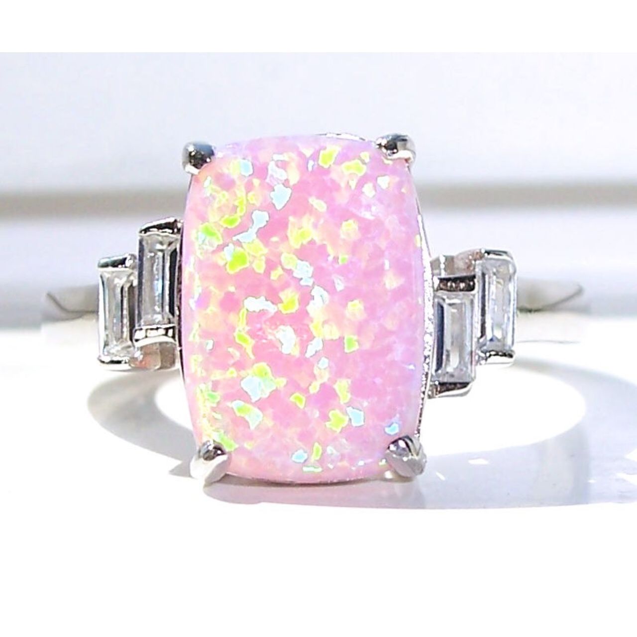 Size 8, 925 Sterling Silver Lab Created Pink Fire Opal CZ Ring