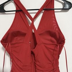 Red Mesh Bodycon Midi Dress Ruched Sleeveless V-Neck Criss Cross Back