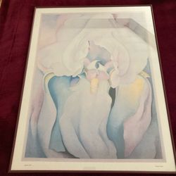 Beautiful Georgia Okeffe Matted Flower Picture In Burgundy Metal Frame 27-1/4” Tall By 21” Wide 