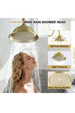 BWE Brushed Gold Exposed Shower System, 8” Rain Shower Head, Antique Brass Finish, Outdoor Shower Kit