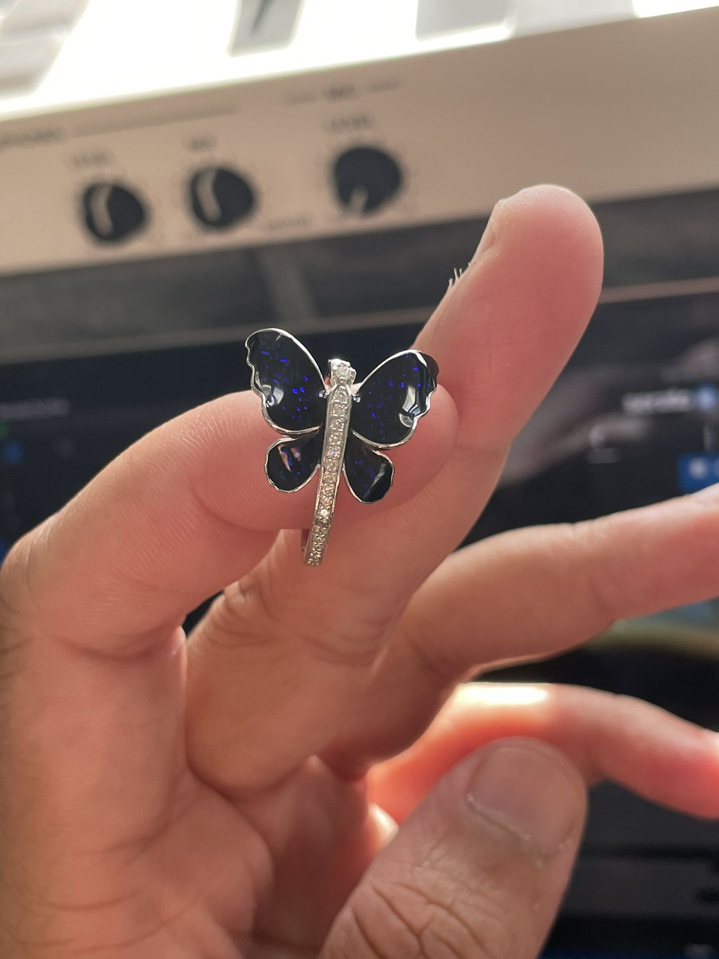 14K Blue Black Enamel Work Butterfly Ring 