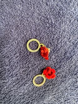 Gold Hoop and Red Rose Drop Earrings