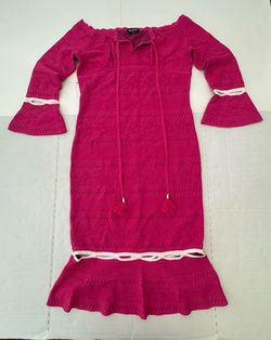Pre Owned Good bebe Midi Dress Knit Off The Shoulder Flare Bell Sleeve Textured Fuchsia Pink Women Size Large