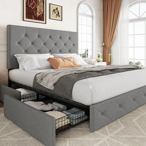 Upholstered Queen Size Platform Bed Frame with 4 Storage Drawers and Headboard, Diamond Stitched Button Tufted Mattress Foundation with Wooden Slats S