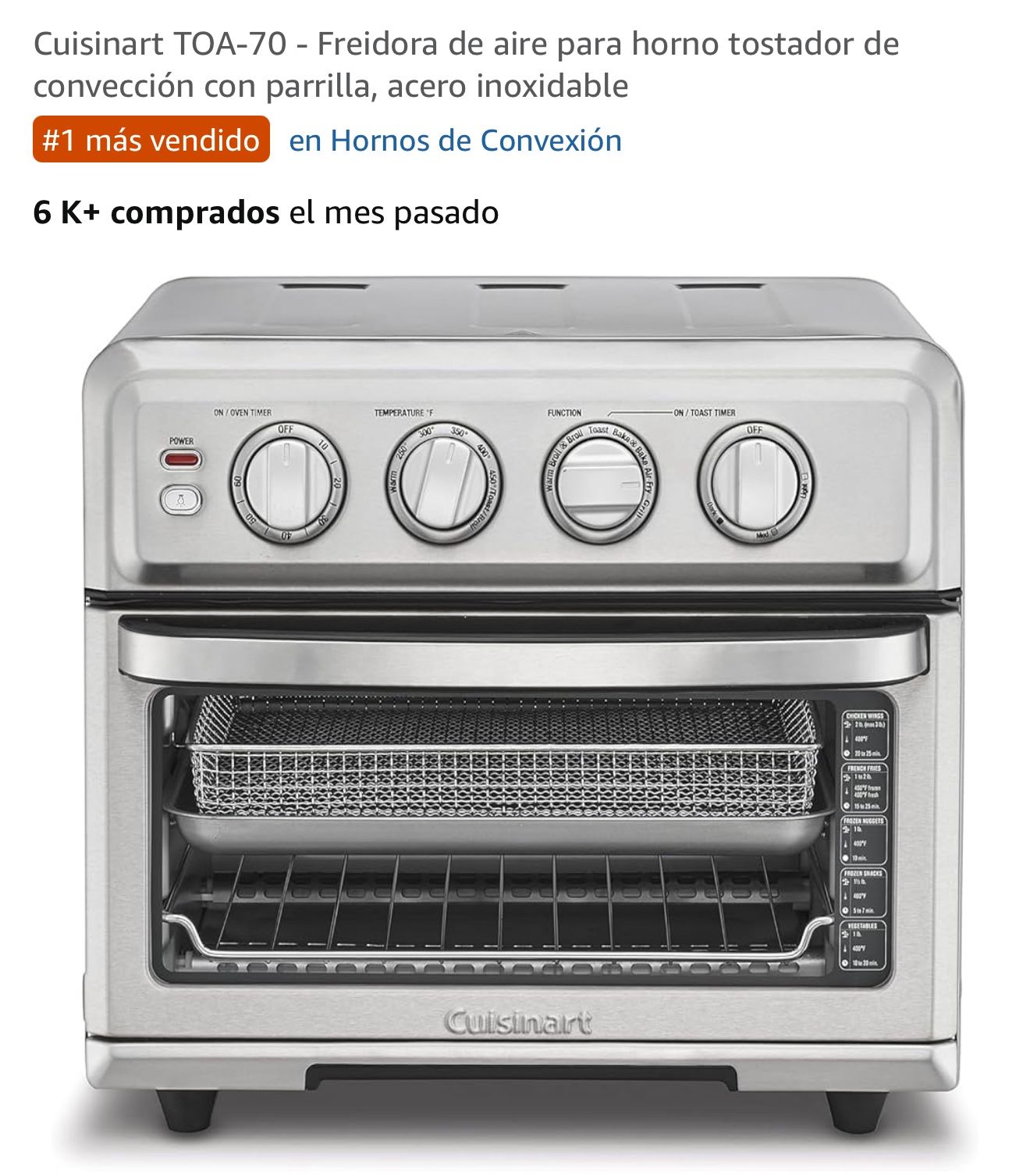 Cuisinart TOA-70 - Freidora de aire para horno tostador de convección con parrilla, acero inoxidable