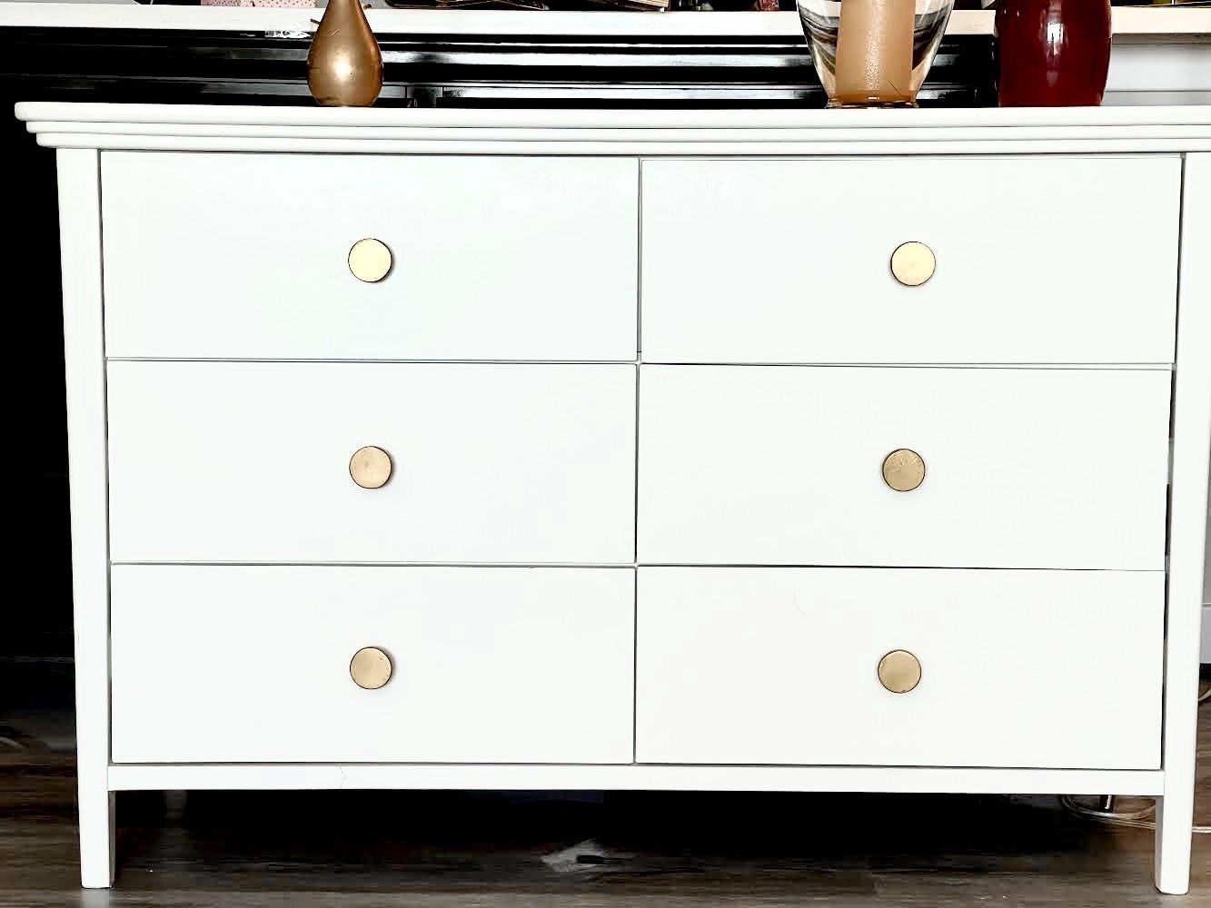 Modern 6-Drawer White Dresser with Antique Gold Knobs