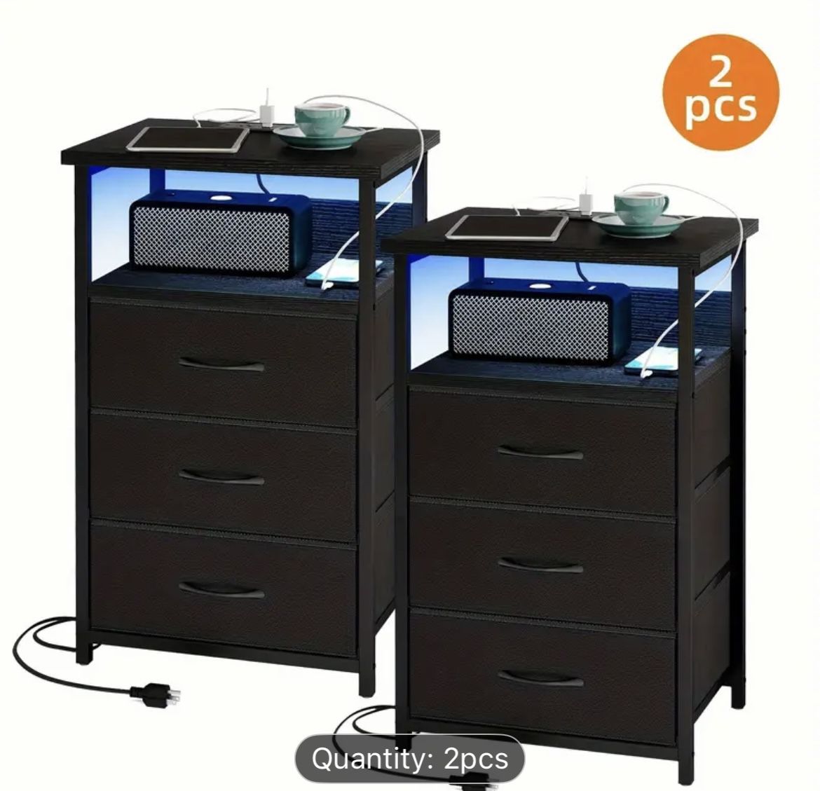 16-Colour LED Nightstand - With USB Port, Socket, Drawers, and Storage Shelf - Small Dresser for Small Spaces
