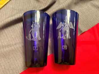 Japanese Laser Etched Devil And Angel Dog Cobalt Blue Drinking Glasses