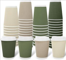 100 Pcs Nude Sage Green Disposable Coffee Cups with Lids 12oz Milky White Brown Green Paper Cups
