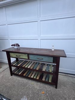 Ashley Mestler Rustic Brown Sofa Tablew/ Multicolor Bottom Slats & Drawer Fronts