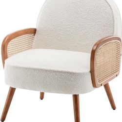  Accent Chairs Rattan Comfy Upholstered Modern Arm Chair for Living Room Reading Bedroom Balcony Sherpa Plush Chair, White