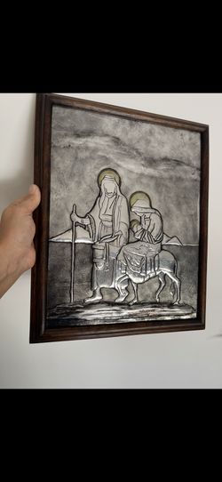 Nativity Picture Frame Aluminum Embossing, Hand Made. Dimensions: 14.5h x 12w inches