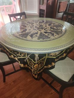Vintage Hand painted Koi fish Ceramic cherry Wood table