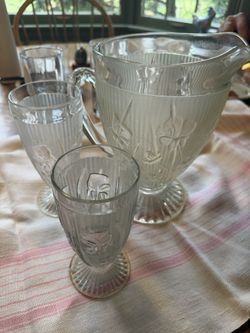 Depression Iris Glass Pitcher & Lemonade Glasses