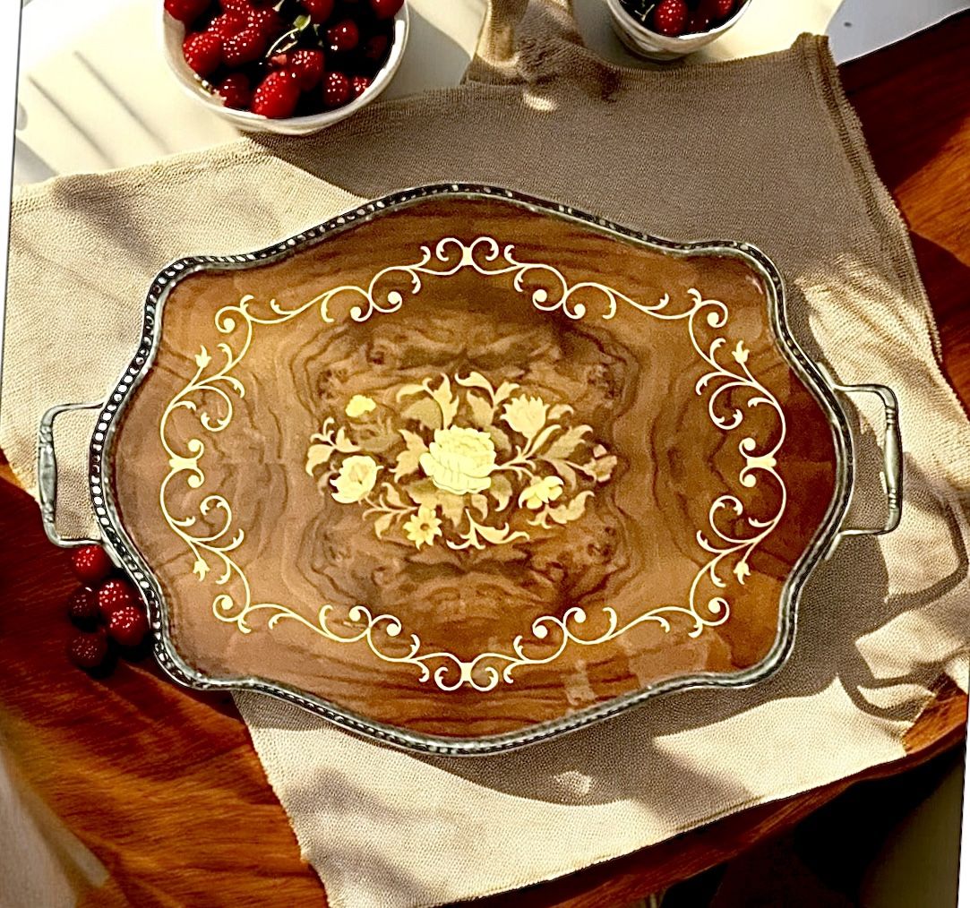 1970’s Large Italian Marquetry Brass Handled Serving Tray