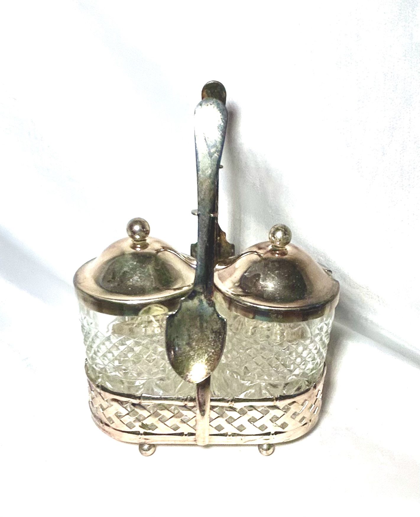 Vintage Clear Glass and Silver Tone Condiment Set with Carrier and Spoons