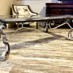 REDUCED Beautiful Iron And Beveled Glass With Leather “washed “ REDUCED Coastal Coffee Cocktail Table Pick Up In Delray Beach 