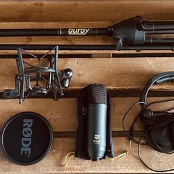 Recording Studio Tech Including Rode Mics, FocusRite Scarlet Solo, Mic Stands, Headphones, Etc